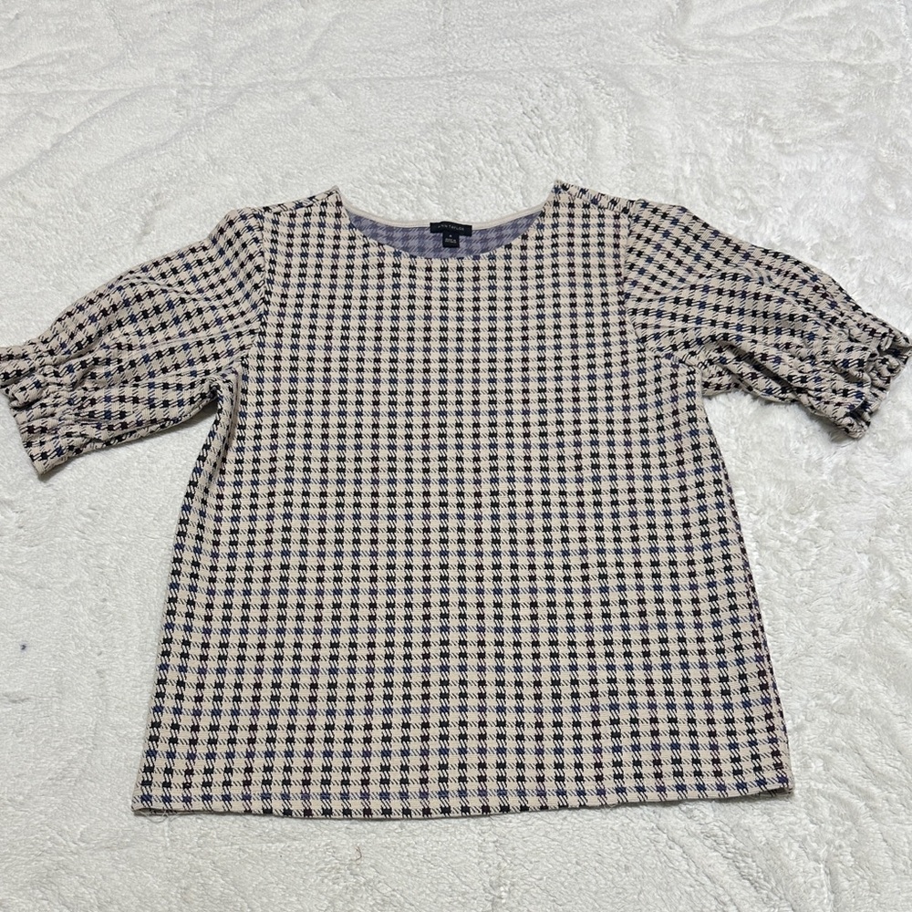 Womens Check Puff-Sleeve Top - Black & Cream